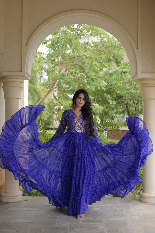 Blue Patchwork Laheriya Print Gown ClothsVilla