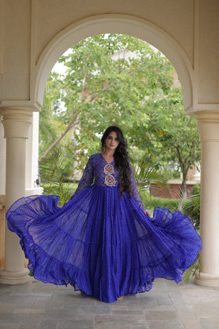 Blue Patchwork Laheriya Print Gown ClothsVilla