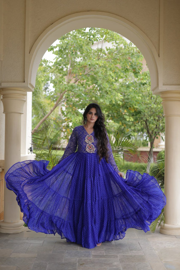 Blue Patchwork Laheriya Print Gown ClothsVilla