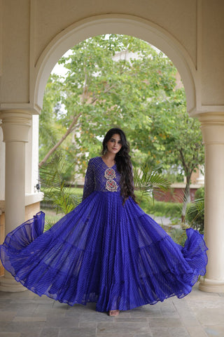 Blue Patchwork Laheriya Print Gown ClothsVilla