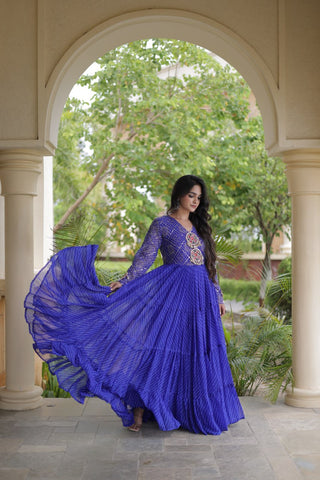 Blue Patchwork Laheriya Print Gown ClothsVilla