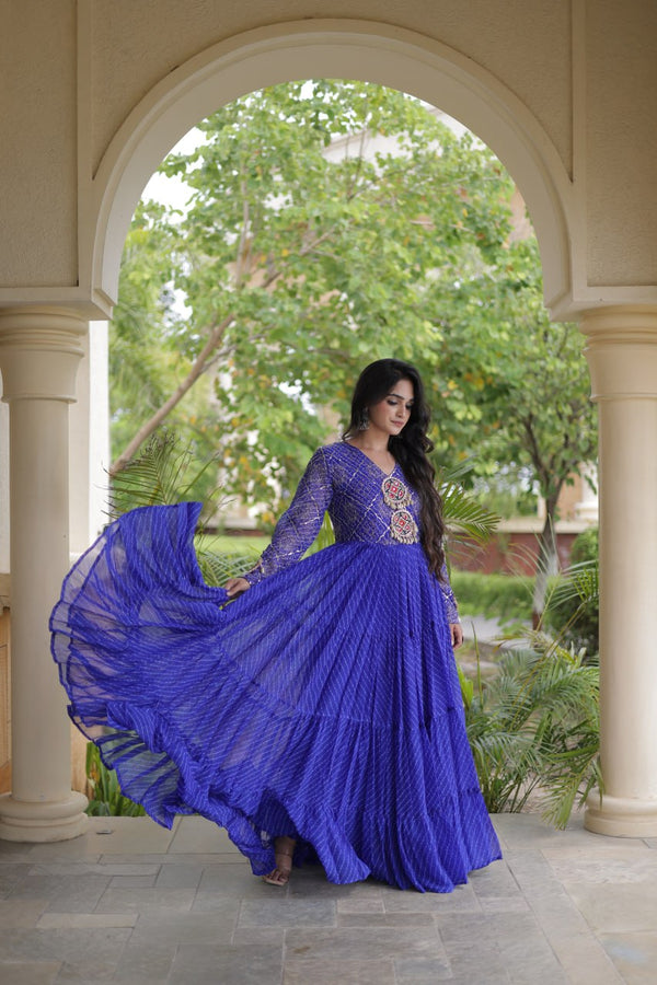 Blue Patchwork Laheriya Print Gown ClothsVilla