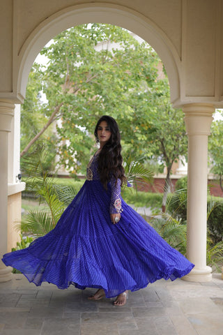 Blue Patchwork Laheriya Print Gown ClothsVilla