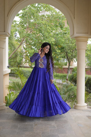 Blue Patchwork Laheriya Print Gown ClothsVilla