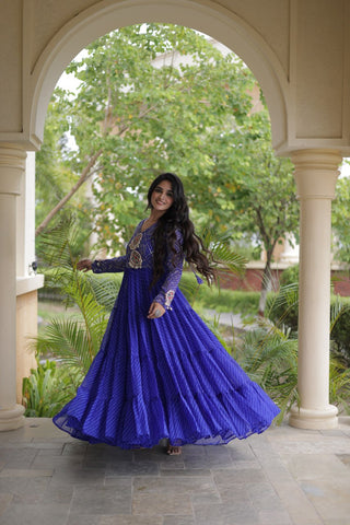 Blue Patchwork Laheriya Print Gown ClothsVilla