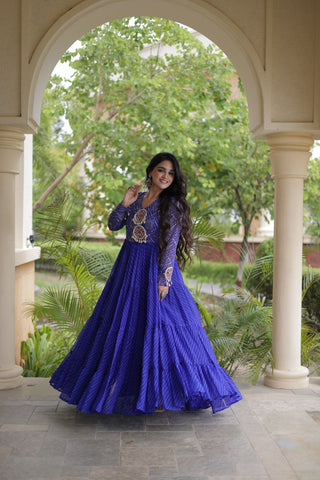 Blue Patchwork Laheriya Print Gown ClothsVilla