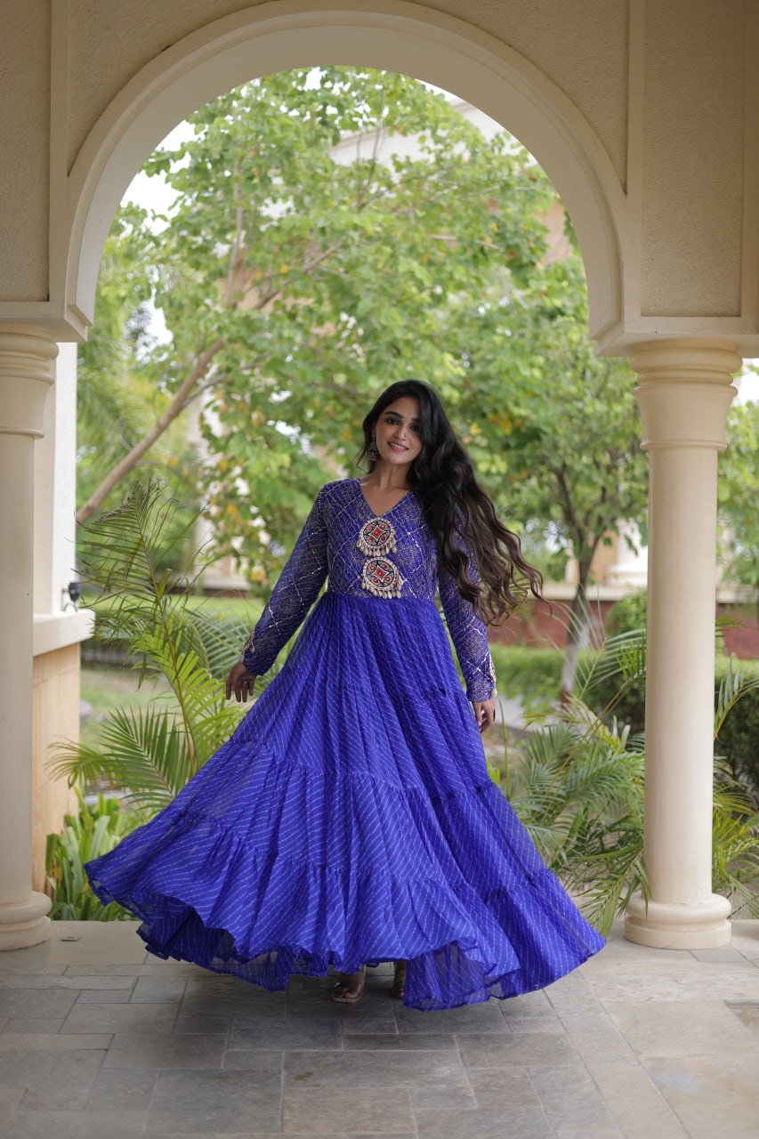 Blue Patchwork Laheriya Print Gown ClothsVilla