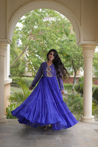 Blue Patchwork Laheriya Print Gown ClothsVilla