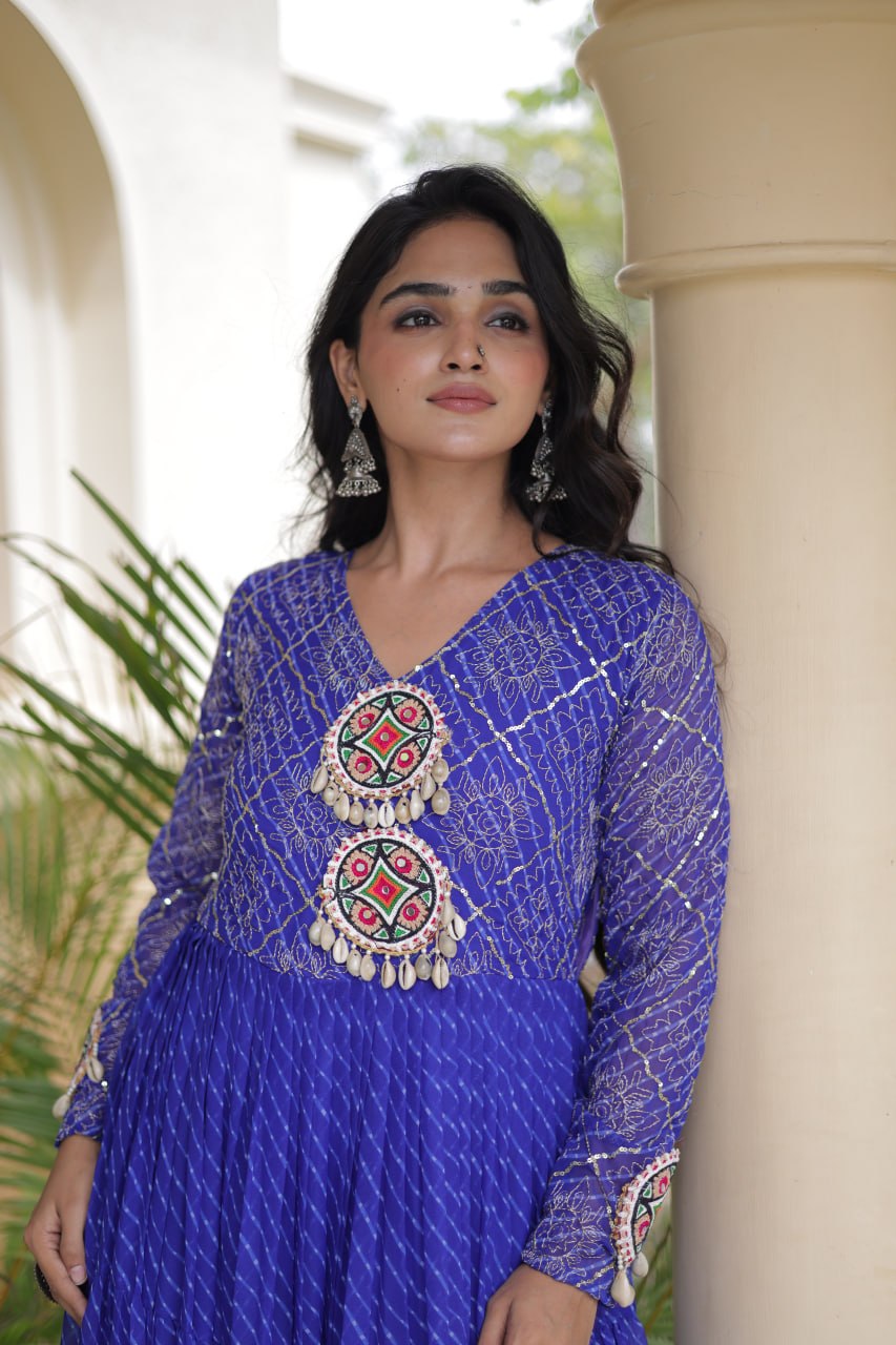 Blue Patchwork Laheriya Print Gown ClothsVilla