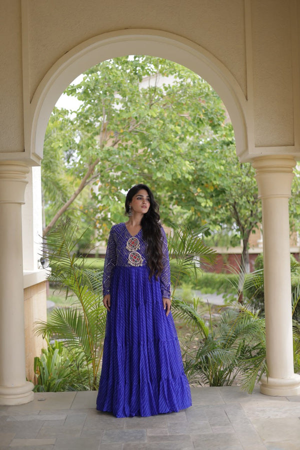 Blue Patchwork Laheriya Print Gown ClothsVilla