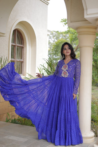 Blue Patchwork Laheriya Print Gown ClothsVilla