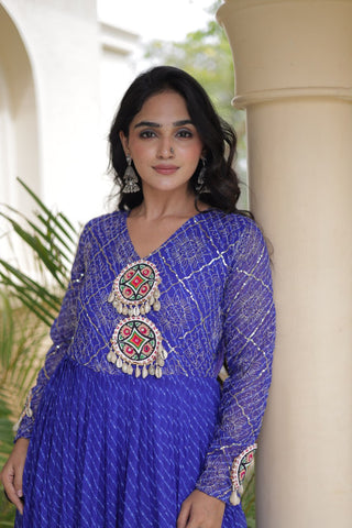 Blue Patchwork Laheriya Print Gown ClothsVilla