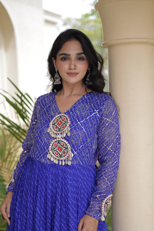 Blue Patchwork Laheriya Print Gown ClothsVilla