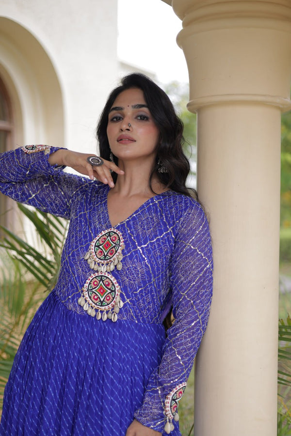 Blue Patchwork Laheriya Print Gown ClothsVilla