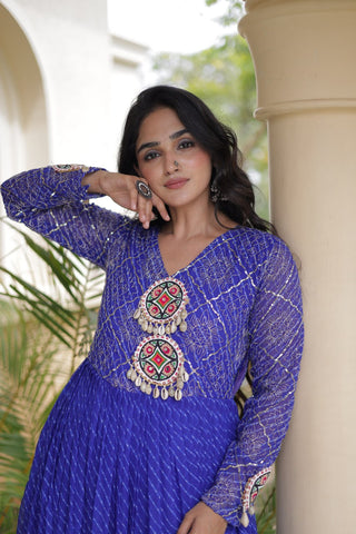 Blue Patchwork Laheriya Print Gown ClothsVilla