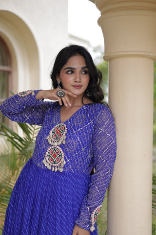 Blue Patchwork Laheriya Print Gown ClothsVilla