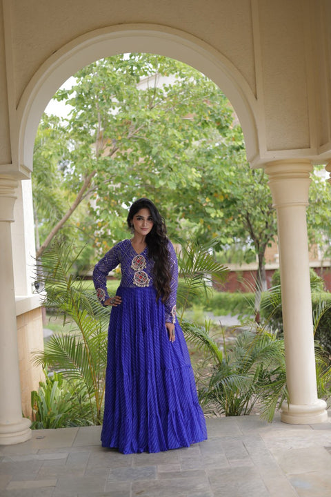 Blue Patchwork Laheriya Print Gown ClothsVilla Main image