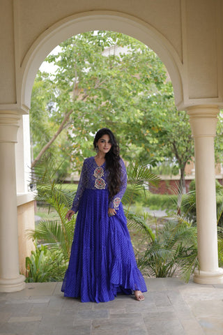 Blue Patchwork Laheriya Print Gown ClothsVilla