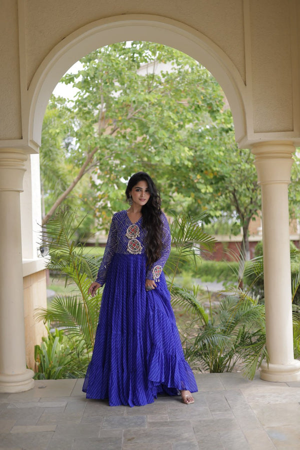 Blue Patchwork Laheriya Print Gown ClothsVilla