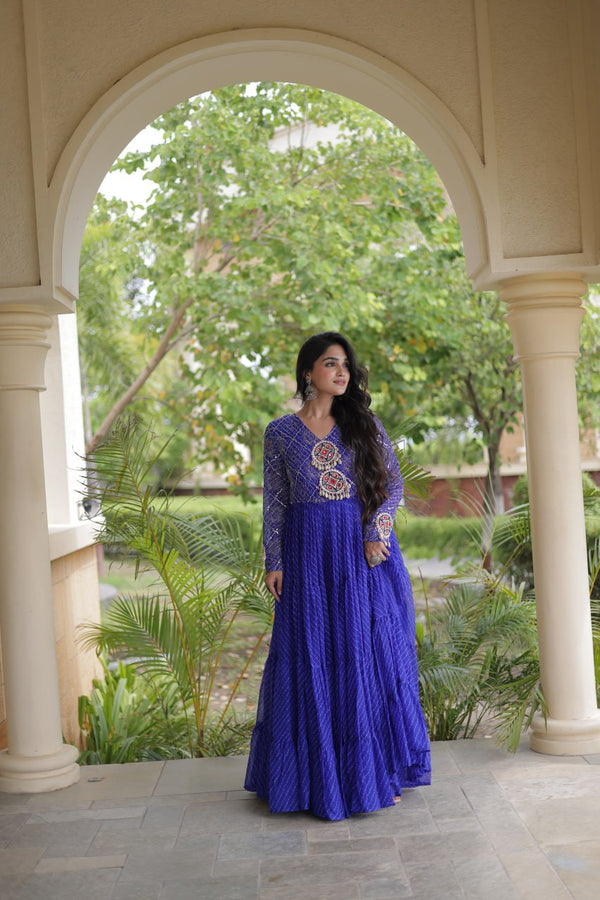 Blue Patchwork Laheriya Print Gown ClothsVilla