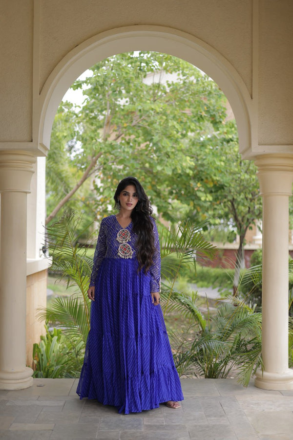 Blue Patchwork Laheriya Print Gown ClothsVilla