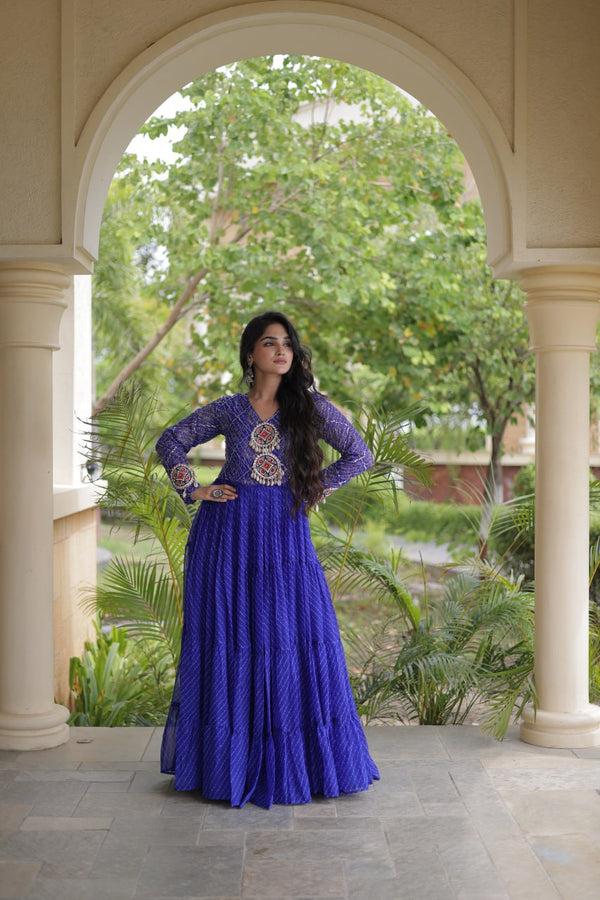 Blue Patchwork Laheriya Print Gown ClothsVilla
