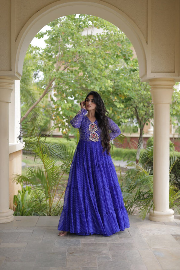 Blue Patchwork Laheriya Print Gown ClothsVilla