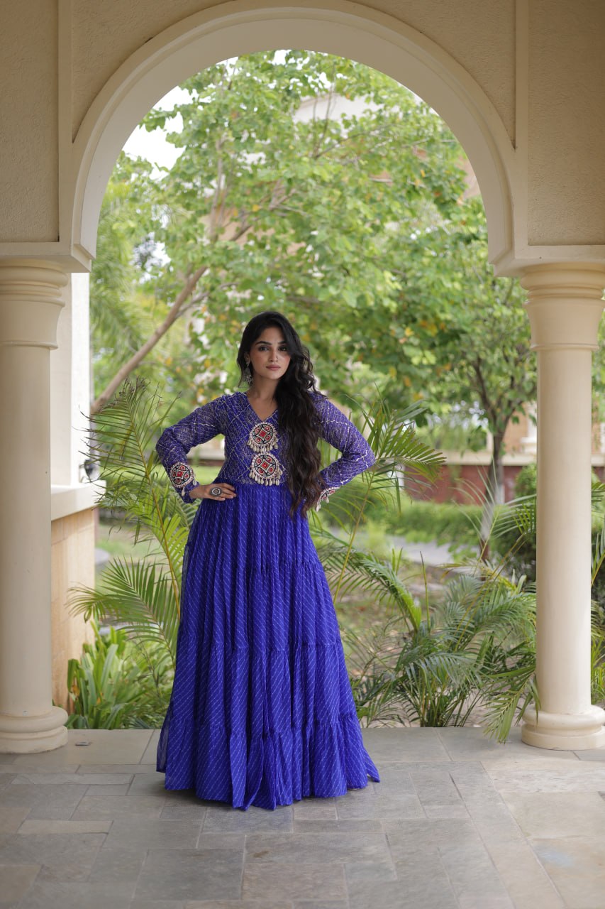Blue Patchwork Laheriya Print Gown ClothsVilla