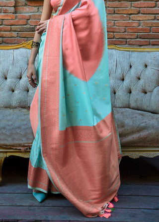 Blue & Peach Regal Banarasi Soft Silk Saree with Intricate Timeless Design & Blouse Piece ClothsVilla