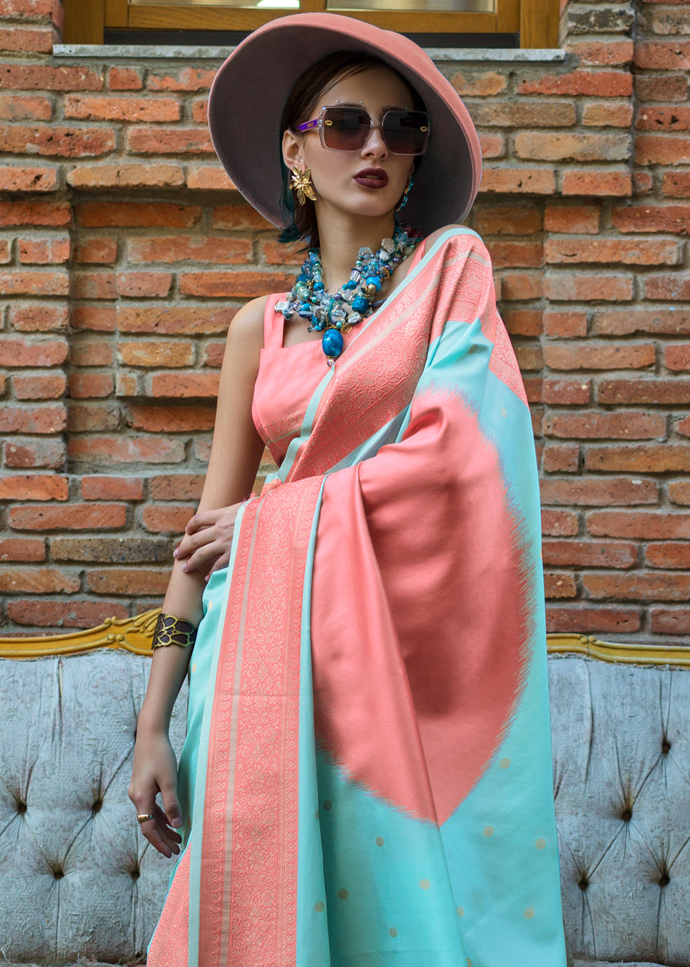Blue & Peach Regal Banarasi Soft Silk Saree with Intricate Timeless Design & Blouse Piece ClothsVilla