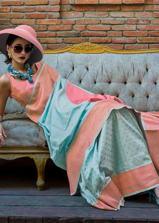 Blue & Peach Regal Banarasi Soft Silk Saree with Intricate Timeless Design & Blouse Piece ClothsVilla