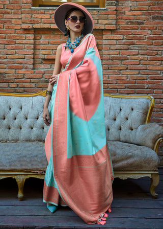Blue & Peach Regal Banarasi Soft Silk Saree with Intricate Timeless Design & Blouse Piece ClothsVilla