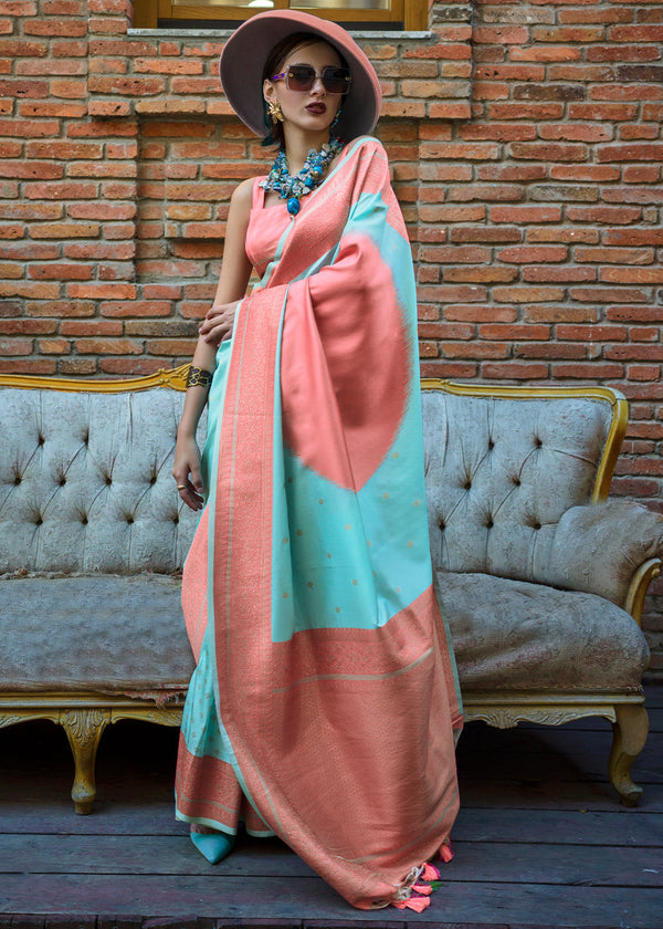 Blue & Peach Regal Banarasi Soft Silk Saree with Intricate Timeless Design & Blouse Piece ClothsVilla