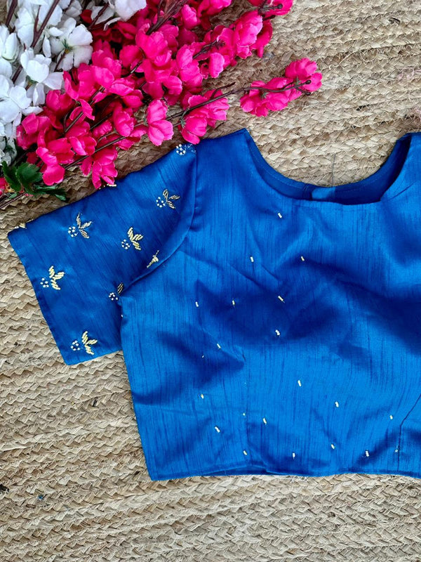 Blue Pearl-Embellished german silk Blouse with Handcrafted Golden Work ClothsVilla