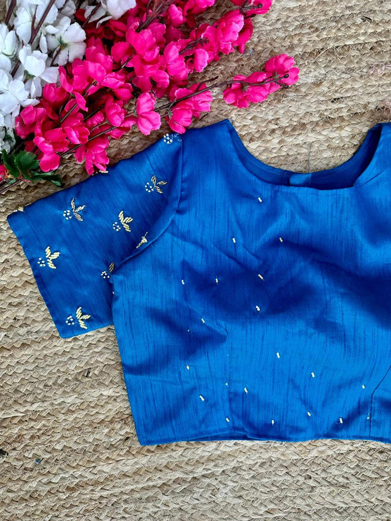 Blue Pearl-Embellished german silk Blouse with Handcrafted Golden Work ClothsVilla