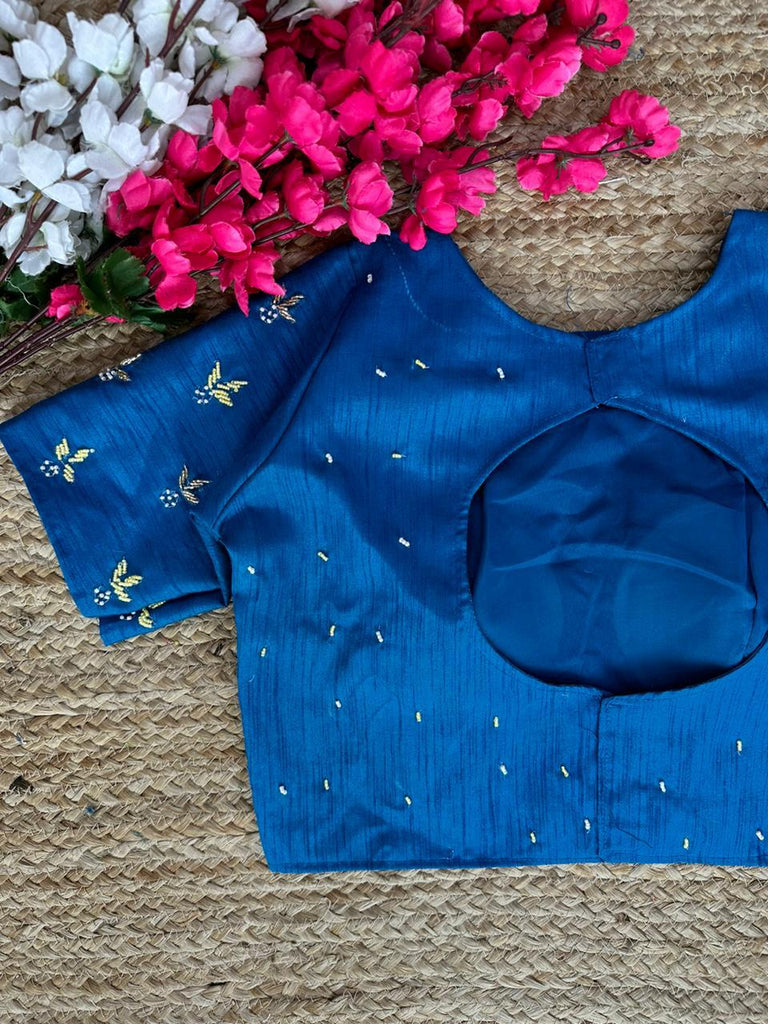 Blue Pearl-Embellished german silk Blouse with Handcrafted Golden Work ClothsVilla