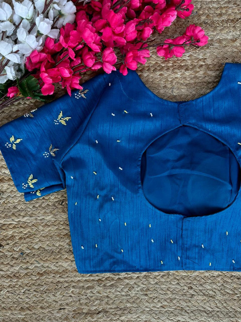 Blue Pearl-Embellished german silk Blouse with Handcrafted Golden Work ClothsVilla