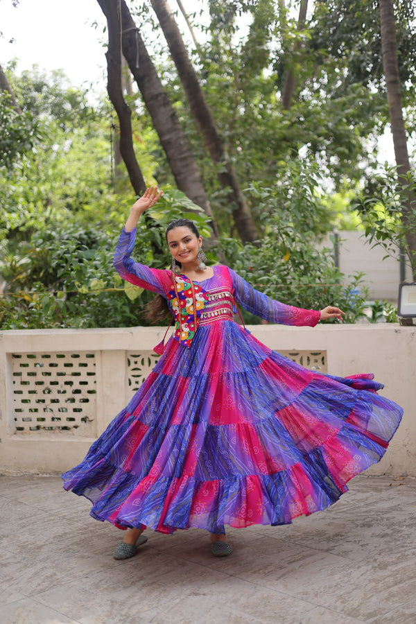 Blue & Pink Navratri Special Laheriya & Bandhej Printed Faux Georgette Gown with Kutchi Patchwork ClothsVilla