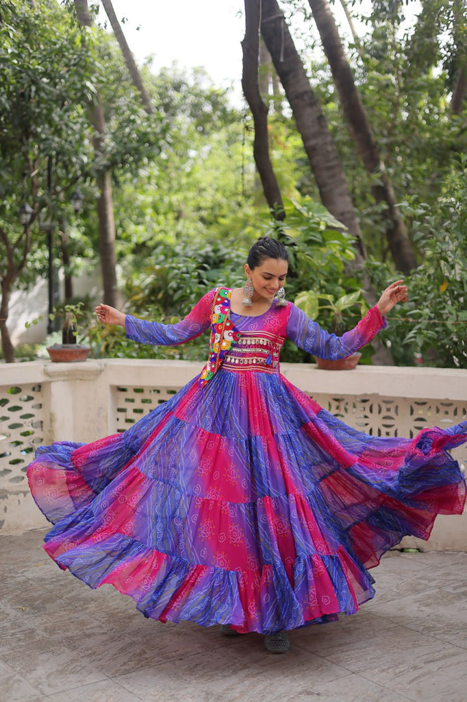 Blue & Pink Navratri Special Laheriya & Bandhej Printed Faux Georgette Gown with Kutchi Patchwork ClothsVilla