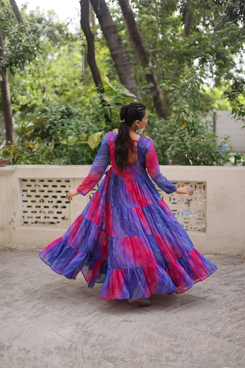 Blue & Pink Navratri Special Laheriya & Bandhej Printed Faux Georgette Gown with Kutchi Patchwork ClothsVilla