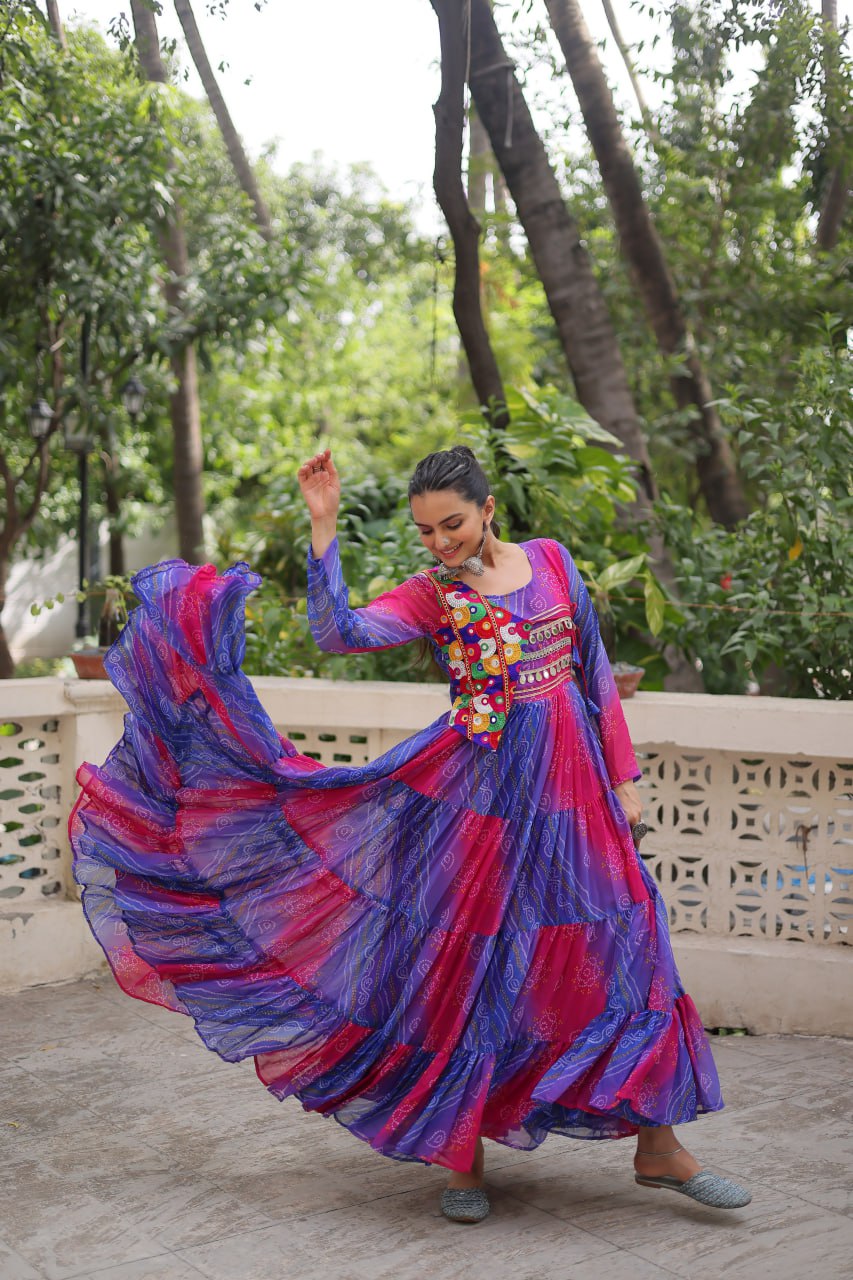 Blue & Pink Navratri Special Laheriya & Bandhej Printed Faux Georgette Gown with Kutchi Patchwork ClothsVilla