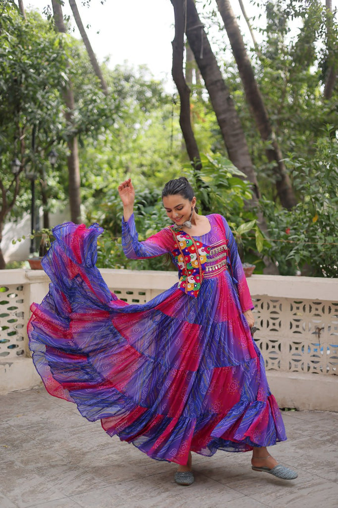 Blue & Pink Navratri Special Laheriya & Bandhej Printed Faux Georgette Gown with Kutchi Patchwork ClothsVilla