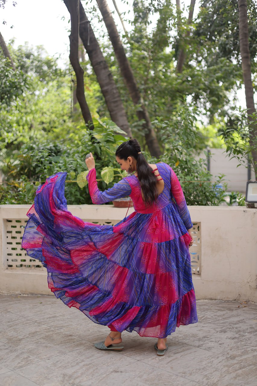 Blue & Pink Navratri Special Laheriya & Bandhej Printed Faux Georgette Gown with Kutchi Patchwork ClothsVilla