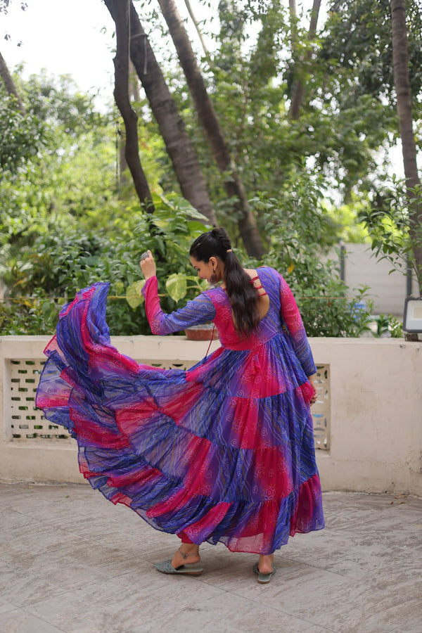 Blue & Pink Navratri Special Laheriya & Bandhej Printed Faux Georgette Gown with Kutchi Patchwork ClothsVilla