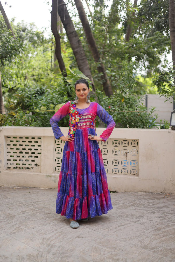 Blue & Pink Navratri Special Laheriya & Bandhej Printed Faux Georgette Gown with Kutchi Patchwork ClothsVilla