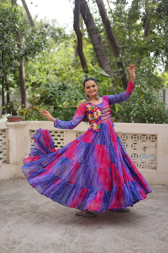 Blue & Pink Navratri Special Laheriya & Bandhej Printed Faux Georgette Gown with Kutchi Patchwork ClothsVilla