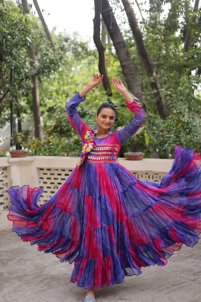 Blue & Pink Navratri Special Laheriya & Bandhej Printed Faux Georgette Gown with Kutchi Patchwork ClothsVilla