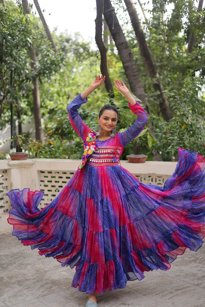 Blue & Pink Navratri Special Laheriya & Bandhej Printed Faux Georgette Gown with Kutchi Patchwork ClothsVilla