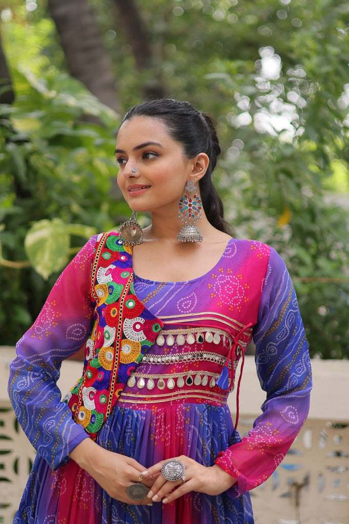 Blue & Pink Navratri Special Laheriya & Bandhej Printed Faux Georgette Gown with Kutchi Patchwork ClothsVilla