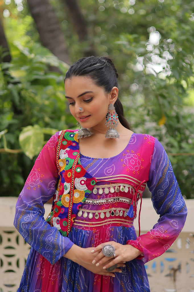 Blue & Pink Navratri Special Laheriya & Bandhej Printed Faux Georgette Gown with Kutchi Patchwork ClothsVilla